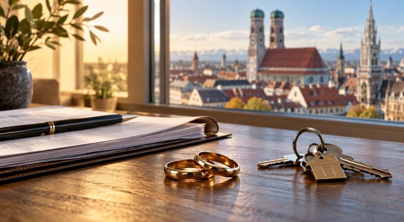 Snubní prsteny, klíče od bytu a složka s dokumenty na stole u okna s výhledem na Frauenkirche v Mnichově – majetek českých manželů v Německu
